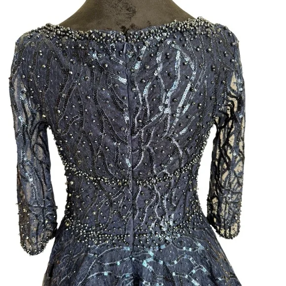 MAC DUGGAL HIGH NECK ABOVE ELBOW SLEEVE EMBELLISHED ALINE NAVY MIDI DRESS 4 - Picture 9 of 14